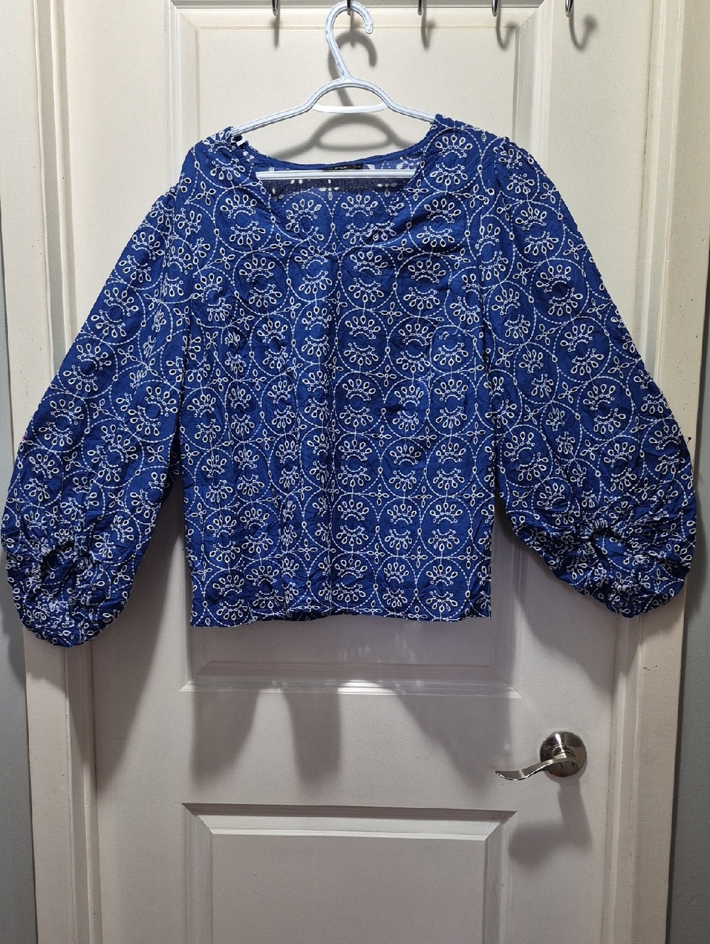 F&F Blue Embroidered Balloon Sleeve Blouse